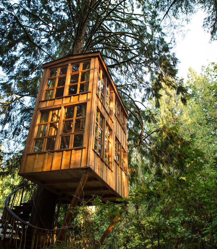 treehouse ideas, wooden two story building, with several windows, built above the ground, around a large tree, and accessible through a winding staircase