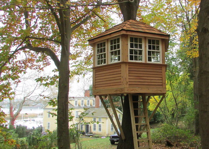 tiny cube-shaped backyard treehouse, with several windows, and wooden paneling, suspended above the ground, and accessible through a wooden ladder