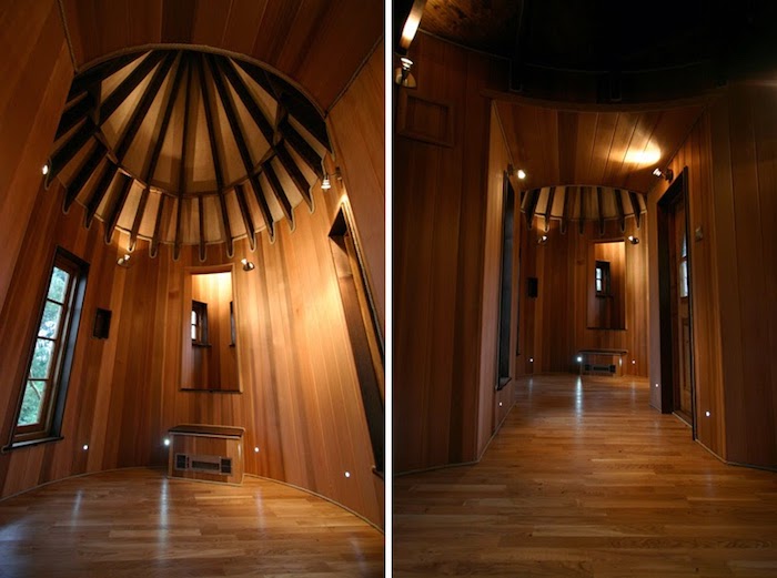 two images showing a tree house interior, from different angles, wooden paneling and floor, mirror and a window, treehouse ideas, unfurnished living space