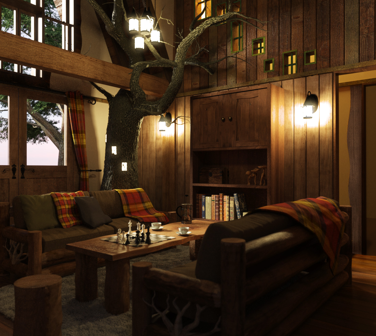 dark tree house interior, with a living tree, wooden paneling and two brown sofas, a rough wooden table and stool