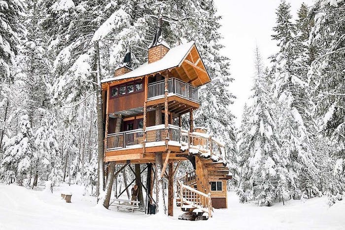 wooden house with two stories, built above the ground, on several large trees, winding wooden stairs, snowy fir forest