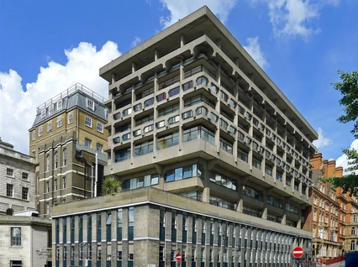 back view of the macadam building, a campus of king's college london, grey rectangular structure, made of concrete