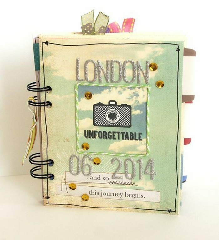adventure journal, notebook with black binding, light-green and yellow cover, silver glitter writing saying London 06 2014