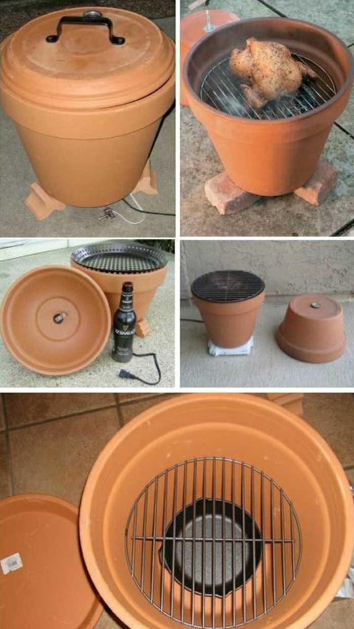 diy barbecue grill made from an orange terracott pot, grilled chicken, beer bottle