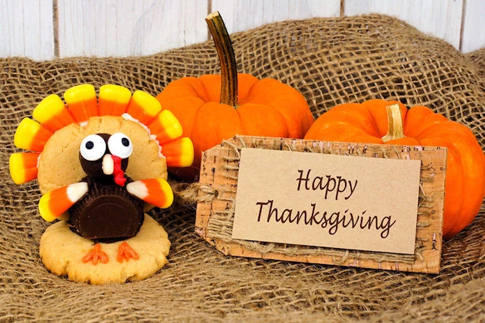 funny happy thanksgiving pictures, a turkey made from cookies, chocolates and candy-corn, attached to a label saying happy thanksgiving, near two pumpkins, on a burlap and white wood background