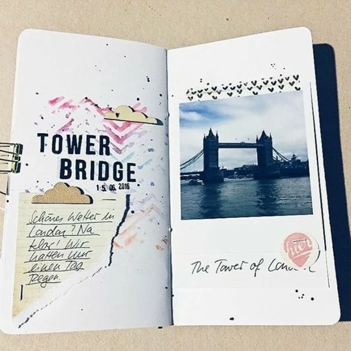  scrapbook ideas for beginners, a photo of tower bridge, clouds shapes, paper clip, stickers, hearts, colorful patterns, black writing