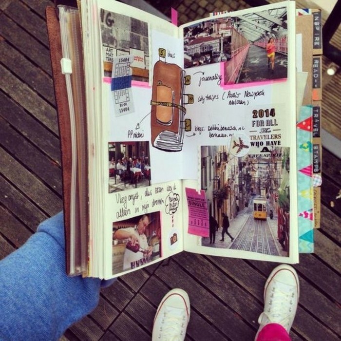 scrapbook layouts, journal with photos, a drawing and writing, cutouts, tickets, held by an arm, shoes in the background