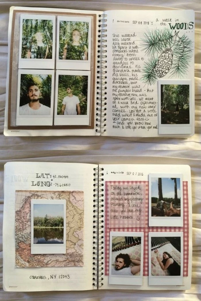 scrapbook layouts, journals with lots of photos, a map, a drawing of a pine branch with pine-cone, writing, light background