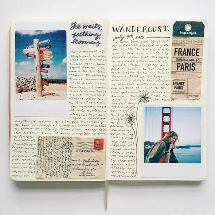 scrapbook layouts, open sketchbook with photos, a ticket, a letter cutout with stamp, flower drawing, lot of writing, white background