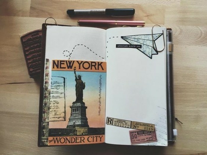 scrapbooking ideas, small sketchbook, white pages, vintage tickets, paper plane drawing, new york postcard, pens, wooden background
