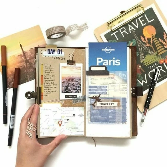  scrapbooking made simple, small journal, held by a hand with a ring, containing a map, a photo and a plane ticket, color pens, postcards of the Eiffel tower