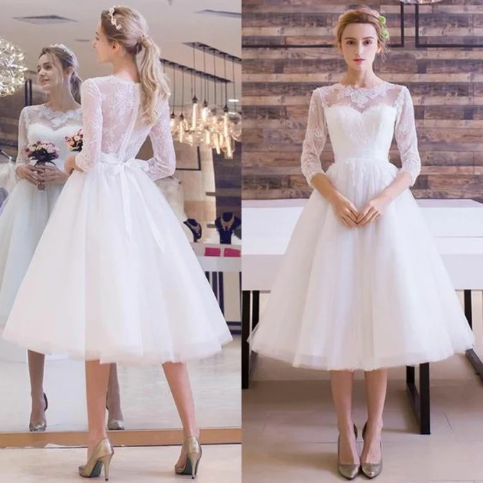 tea length wedding dresses, two images of a bride facing forward and back, with calf-length white dress with sheer lace sleeves and back, blond hair in a pony tail