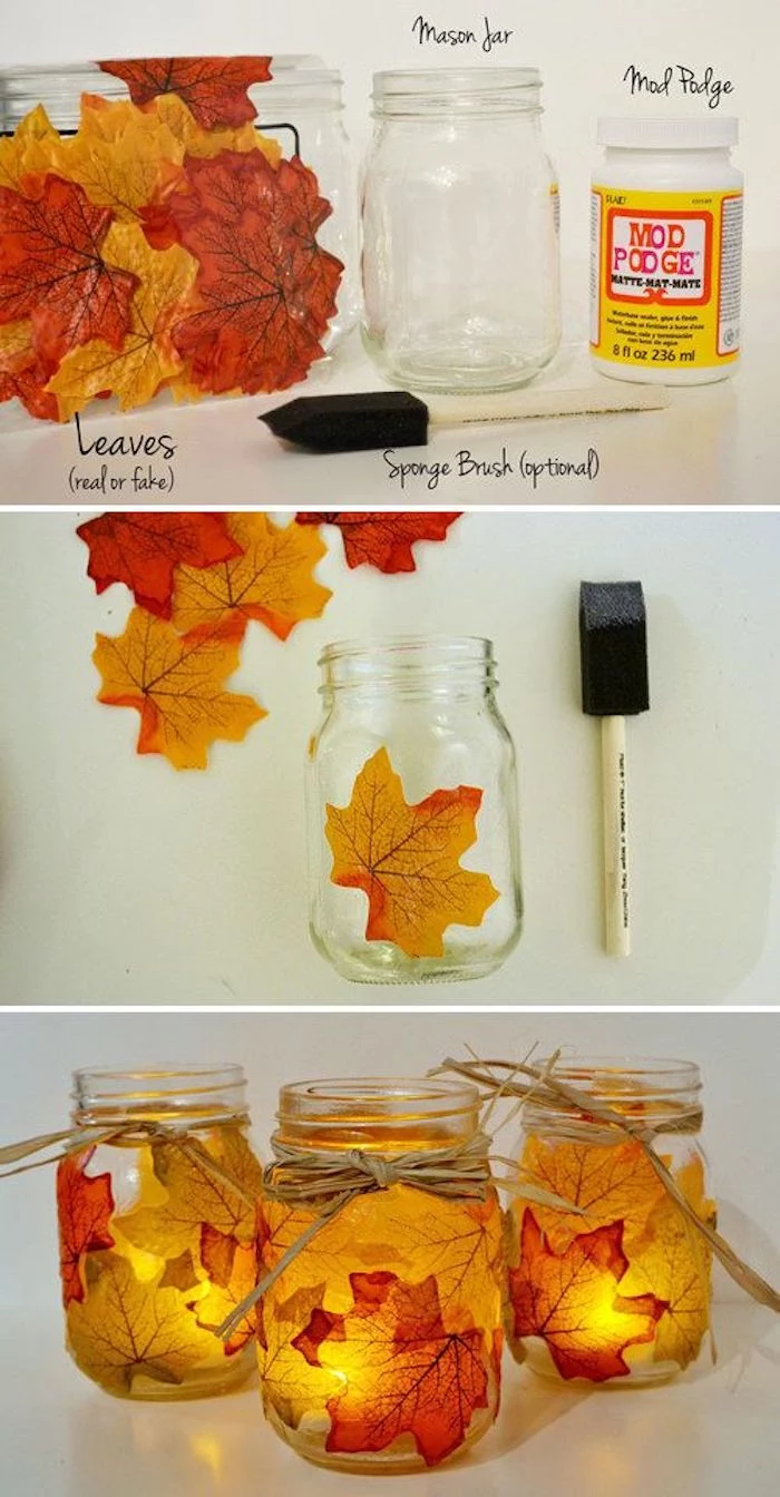 thanksgiving pictures, a clear mason jar, red, yellow and orange autumn leaves, masking glue, sponge brush, orange leaf stuck to mason jar near a sponge brush, autumn leaves in the background, three mason jars adorned with leaves and tied with string with lit candles inside