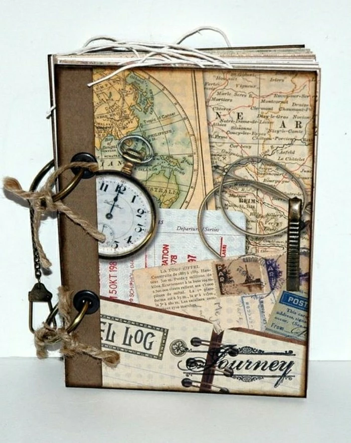 travel journal, brown, yellow, orange cover, vintage cutouts, watch, stamps, travel tickets, string, cord, key chain, white background