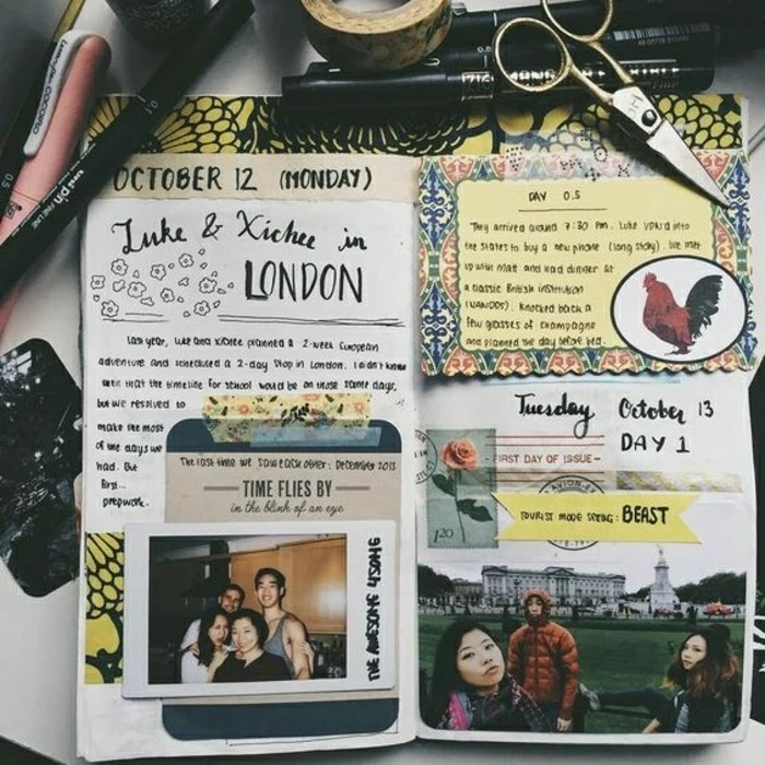 travelogue, notebook with writing, two photos, stickers, decorative tape, stamp, scissors, sticky tape, pens, white background
