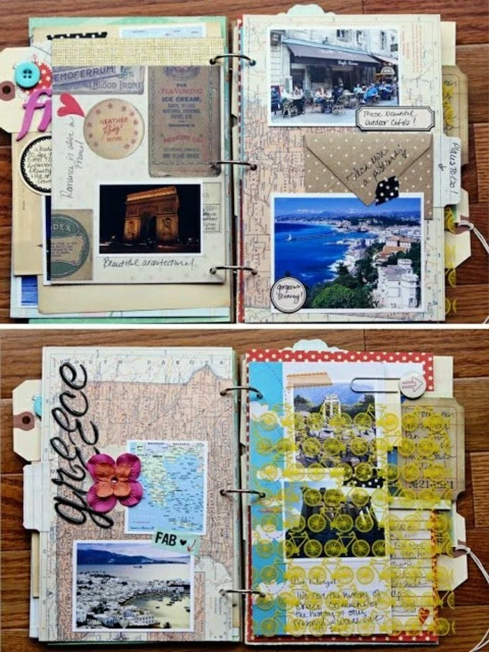 travelogue, open journals with metal binding, lots of postcards, colorful cutouts, photos, a pin and orange flower, tiny yellow bicycles, wooden background