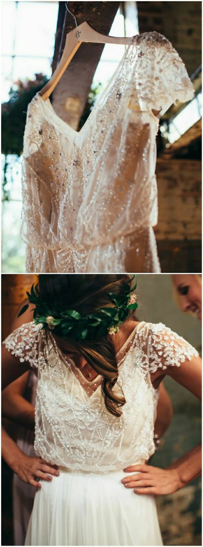 unique wedding dresses, two images of a white wedding dress, one on a hanger with a close up on its beaded and embroidered details, one on a brunette woman looking down with hands on hips
