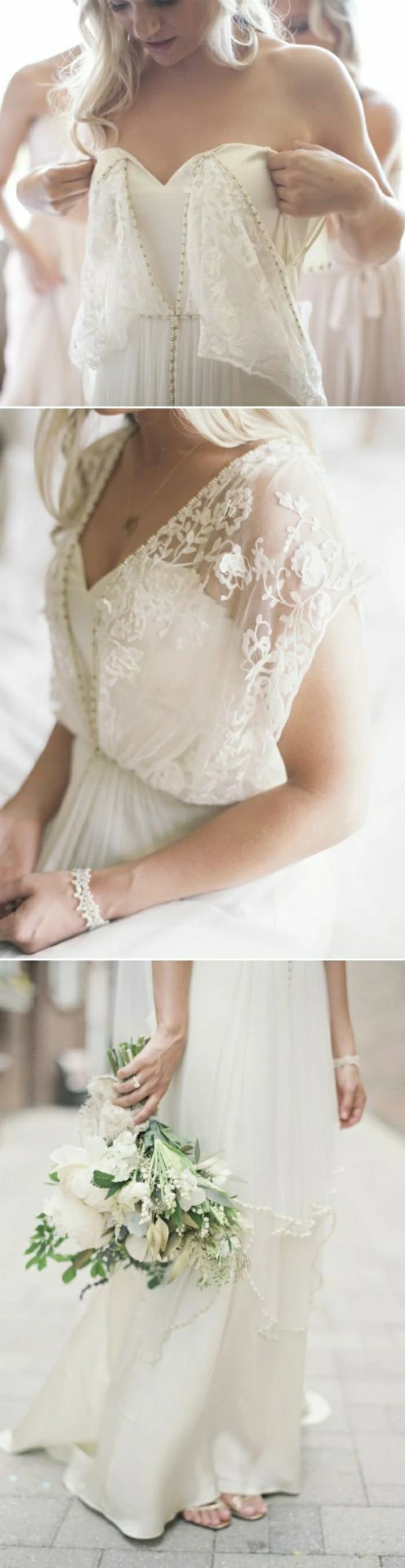three close-ups of a wedding dress with lace details, worn by a blonde young bride, with a white bracelet, holding a bouquet of white flowers
