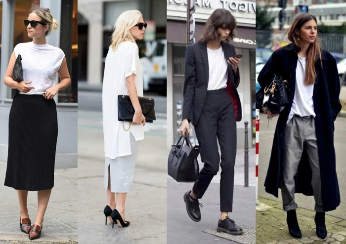 interview outfits for women, four smartly dressed women, ankle-length skirts, white tops, business suit and oversized coat