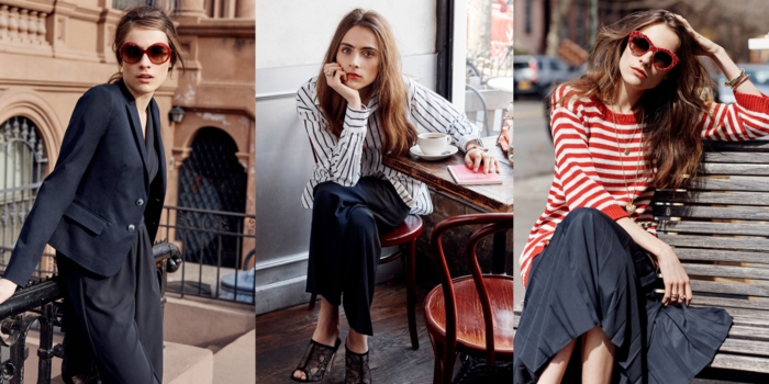 business casual for women, three smartly dressed women, business suit and sunglasses, striped shirt and trousers, skirt and sweater