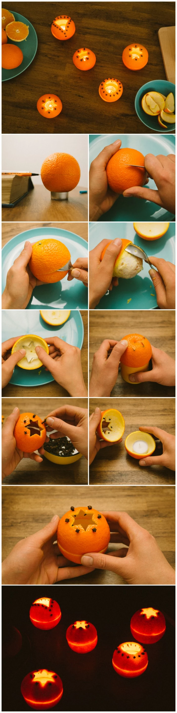 several lanterns made from hollowed oranges, a book and pen next to an orange, hands holding peeling and carving orange, hands cutting orange peel with cookie cutter and decorating it with spices, glowing decorated orange lanterns