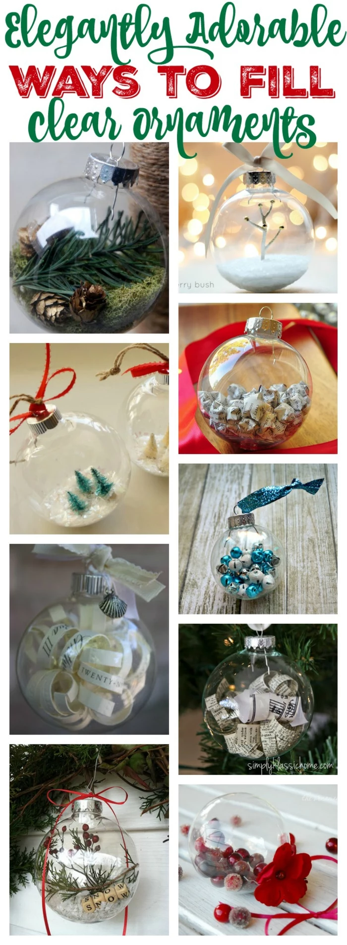 cheap christmas gift ideas, nine images of clear christmas baubles or ornaments, filled with green twigs and fake snow, miniature trees and folded paper