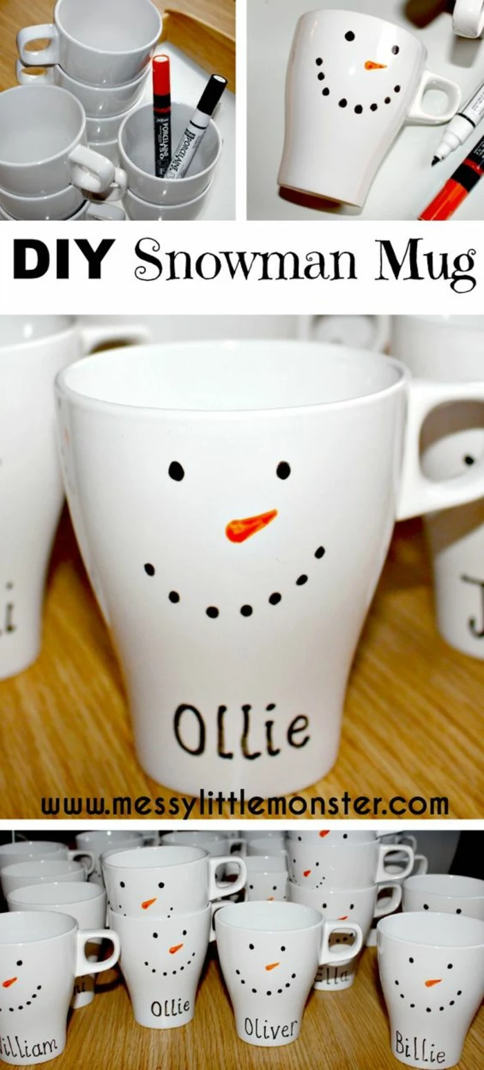many plain white ceramic mugs, two permanent markers in orange and black, simple snowman's face drawn on mugs, name written on each mug