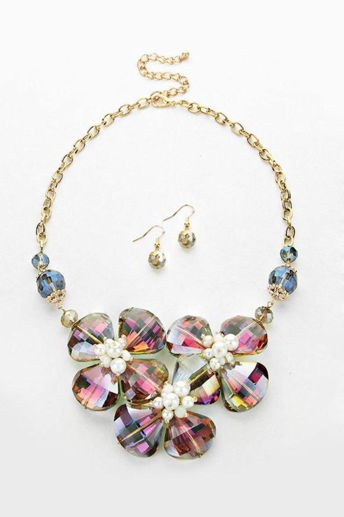 big golden necklace, featuring large flowers made of shiny stones in pink, yellow and purple with blue and clear beads and pearl details, two matching earrings
