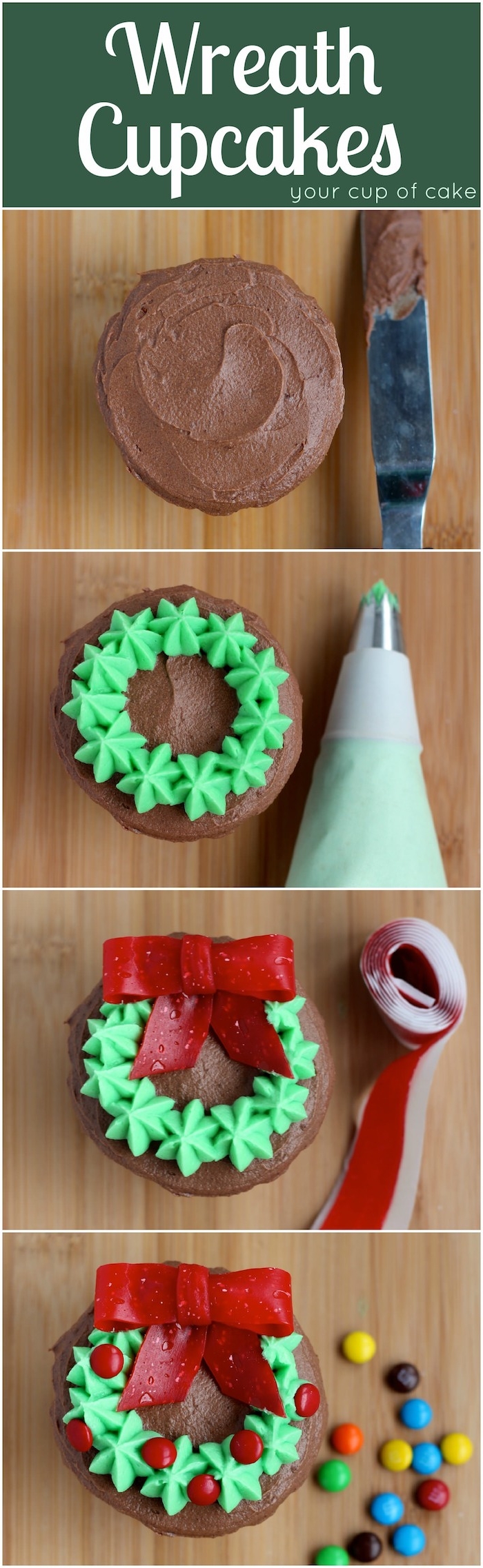 chocolate cupcakes images, cupcake with smooth chocolate frosting, with added green icing, bow cut from red jelly candies, colorful bon bon decorations