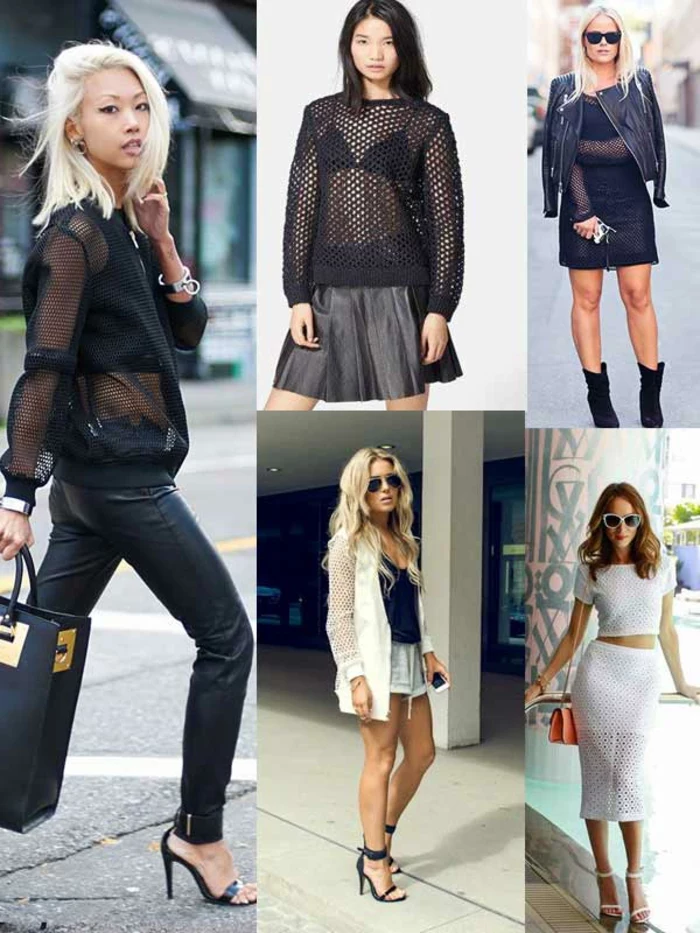five images of women in black and white outfits, skinny leather trousers and sheer blouse, mesh top and black metallic mini skirt, white coordinated skirt and crop top, shorts and black mini dress
