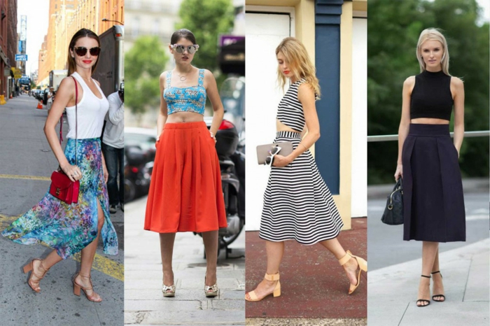 four women in summer outfits, floral floaty skirt and white top, midi pleated skirt and crop top, coordinated skirt and crop top in white and black stripe and solid black