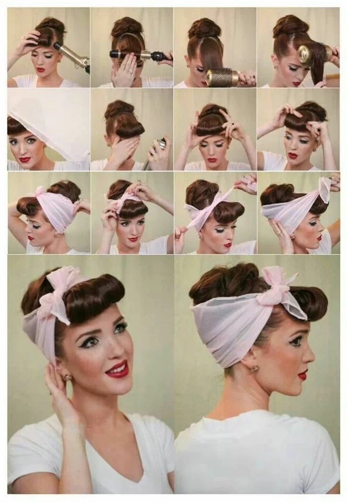 betty bangs, step by step 1950's hair tutorial with 14 images, brunette woman with curling irons, styling her bangs and fixing it with hairspray, pale pink scarf tied around hair in a bow