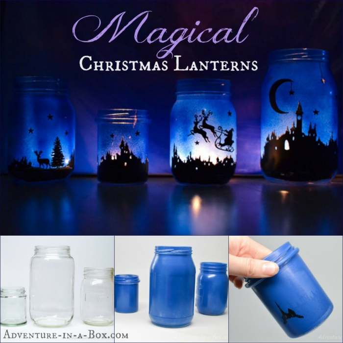 xmas gifts, four lanterns made from mason jars painted in dark blue and black, with lit candles inside, three clear jars of various sizes, painted dark blue, a hand holding a painted jar