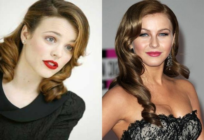 two images of women with brunette retro hair, side bangs and curls, black top and grey and black strapless dress, red lipstick and blush