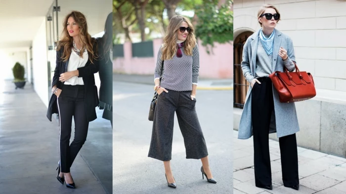 interview outfits for women, three women wearing trousers with different lengths, oversized coat and red bag, sunglasses and accessories
