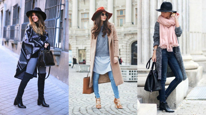 three women with big felt hats in black and red, differently colored skinny jeans, large scarves cardigan and sweater