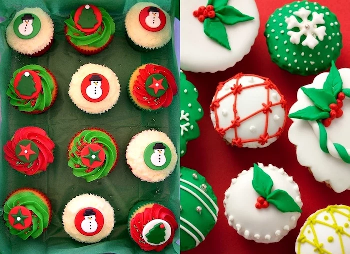 cupcake ideas, twelve cupcakes with white, green and red frosting, decorated with christmas fondant shapes, eight cupcakes, green and white fondant frosting with red green and yellow decorations