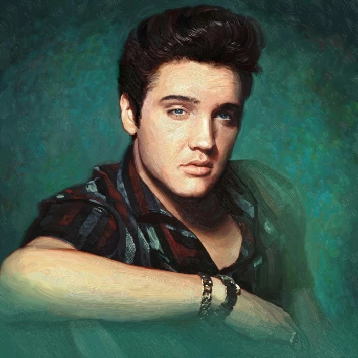 painting of elvis presley, with shiny dark gelled up hair, blue eyes and a red black and grey striped short sleeved shirt, green background