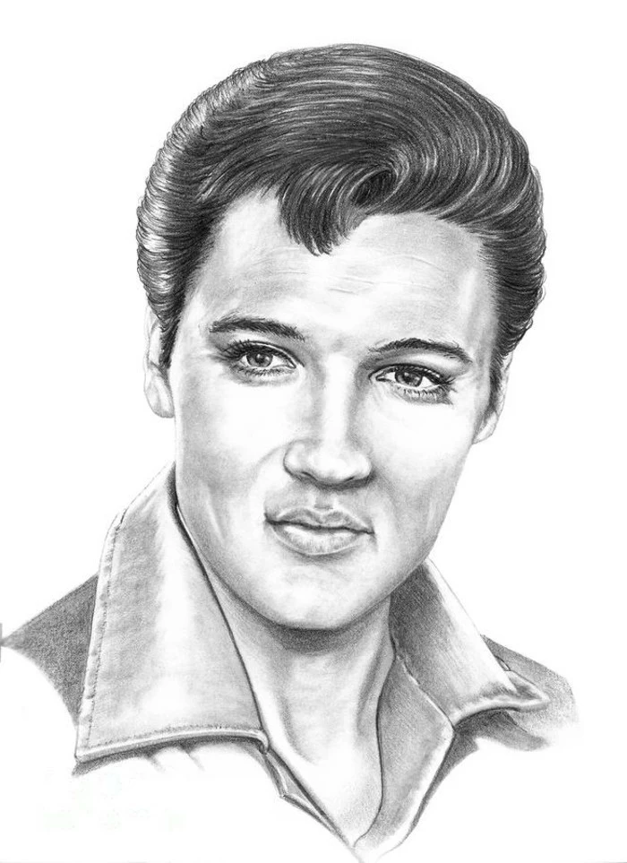 pencil drawing of elvis presley, black shiny gelled up hair, shirt with big collar, white background