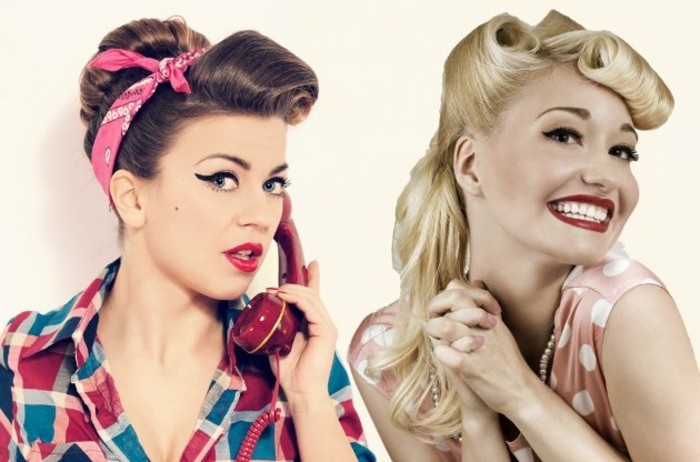 rockabilly hair, two women with retro 1950s hairstyles, brown updo with pink bandanna, blonde victory rolls with long hair, red lipstick smiles and retro clothes