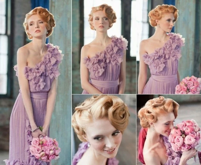 five images of a woman, with ginger hair styled in retro updo with curls, pale lilac colored dress with ruffles and pleats, holding bouquet and seen from different angles