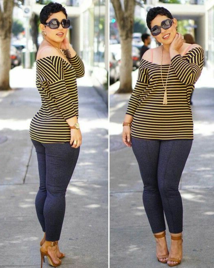 two images of a curvy woman with short hair, wearing a yellow and black striped top, skinny jeans in indigo and brown high-heeled sandals, golden pendant and sunglasses