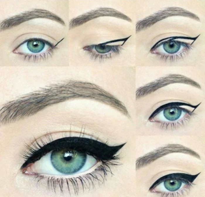 six images of a green eye, putting a thick layer of black eyeliner step by step, pale skin and fake lashes