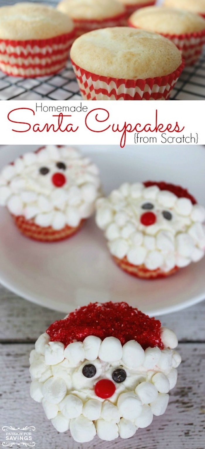 several plain cupcakes in red and white wrappers, three cupcakes decorated with white icing, small marshmallows and red sprinkles, and made to look like santa