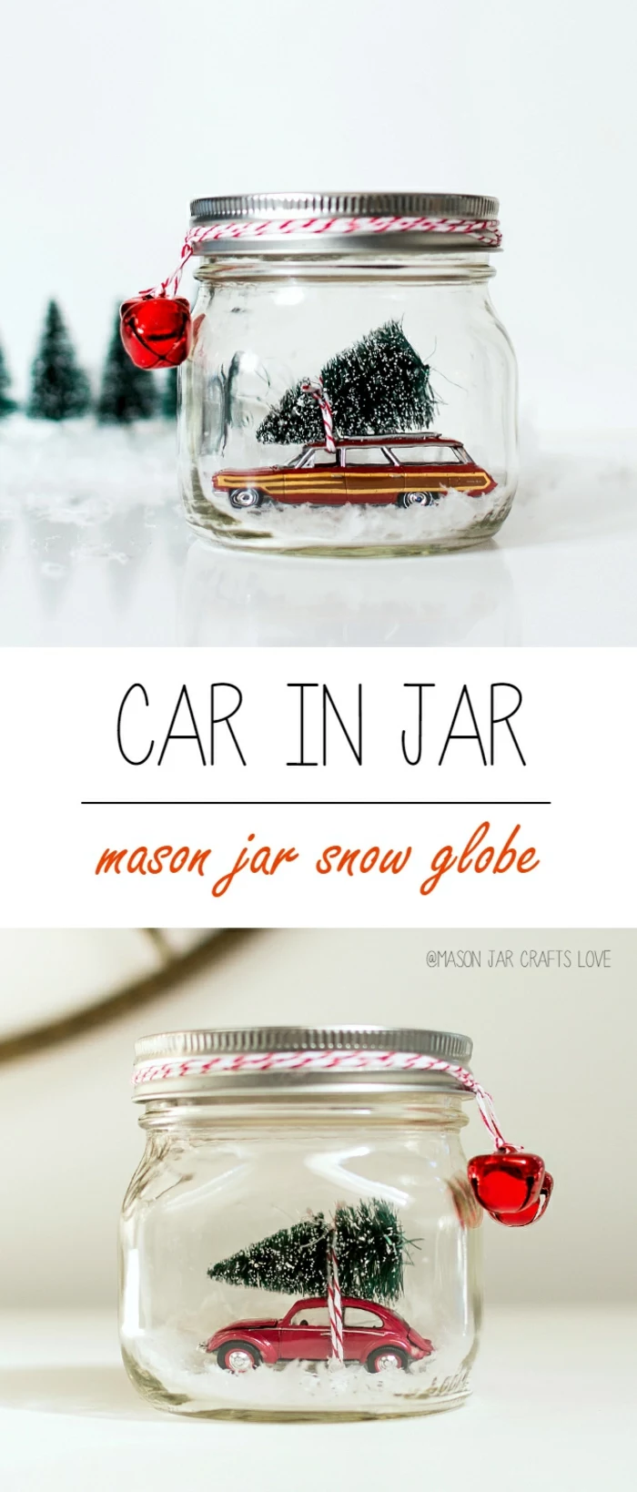 diy gift ideas, two jars filled with fake snow and red retro car toys, with Christmas trees tied to the cars, red and white string tied around the jar lids, small red bells