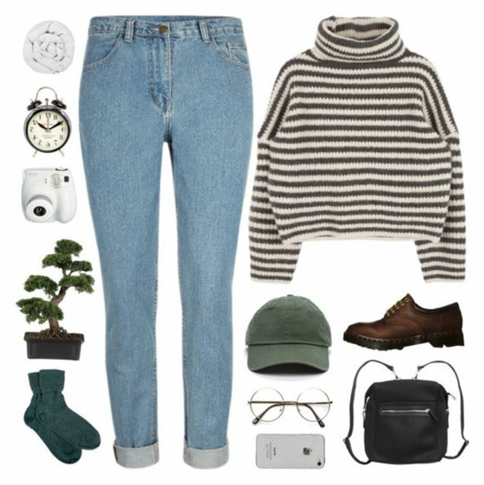 what did people wear in the 80s, light blue jeans with rolled legs, cropped chunky knit striped turtleneck, green baseball cap and brow brogues, black mini backpack socks round glasses, phone alarm clock scarf camera bonsai plant
