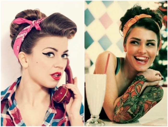 two images of woman with rockabilly hairstyles, pink and yellow bandannas, red and blue plaid shirt, tattoos and heavy make up
