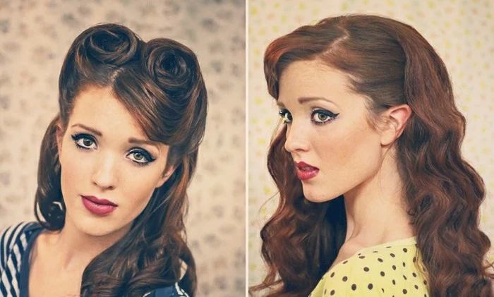 pin up girl hairstyles, two images of a women with retro hairstyles, brown long hair with victory rolls, auburn hair with retro waves, blue striped top, yellow polka-dotted top