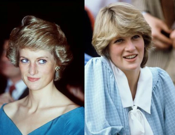 two images of Diana princess of Wales, short 80s hair and blue eyes, blue top and light blue checkered blouse with white collar and pussy bow