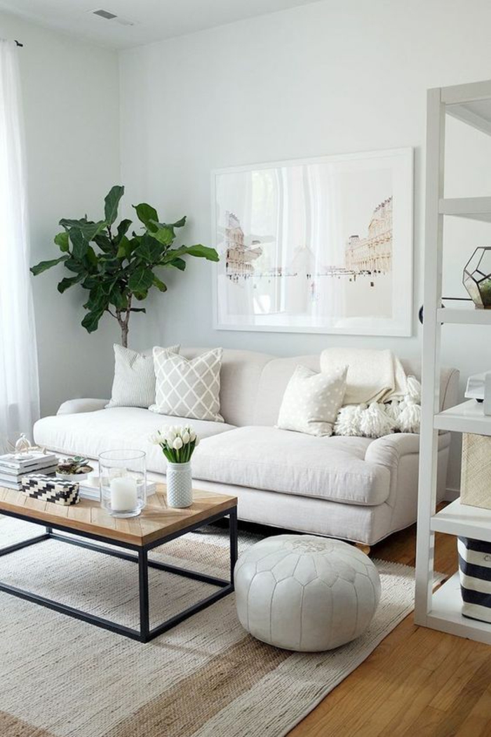 neutral colors, room with pale walls, white sofa and display shelf, light colored pillows and pale wood table with black metal legs, cream colored rug, wooden floors